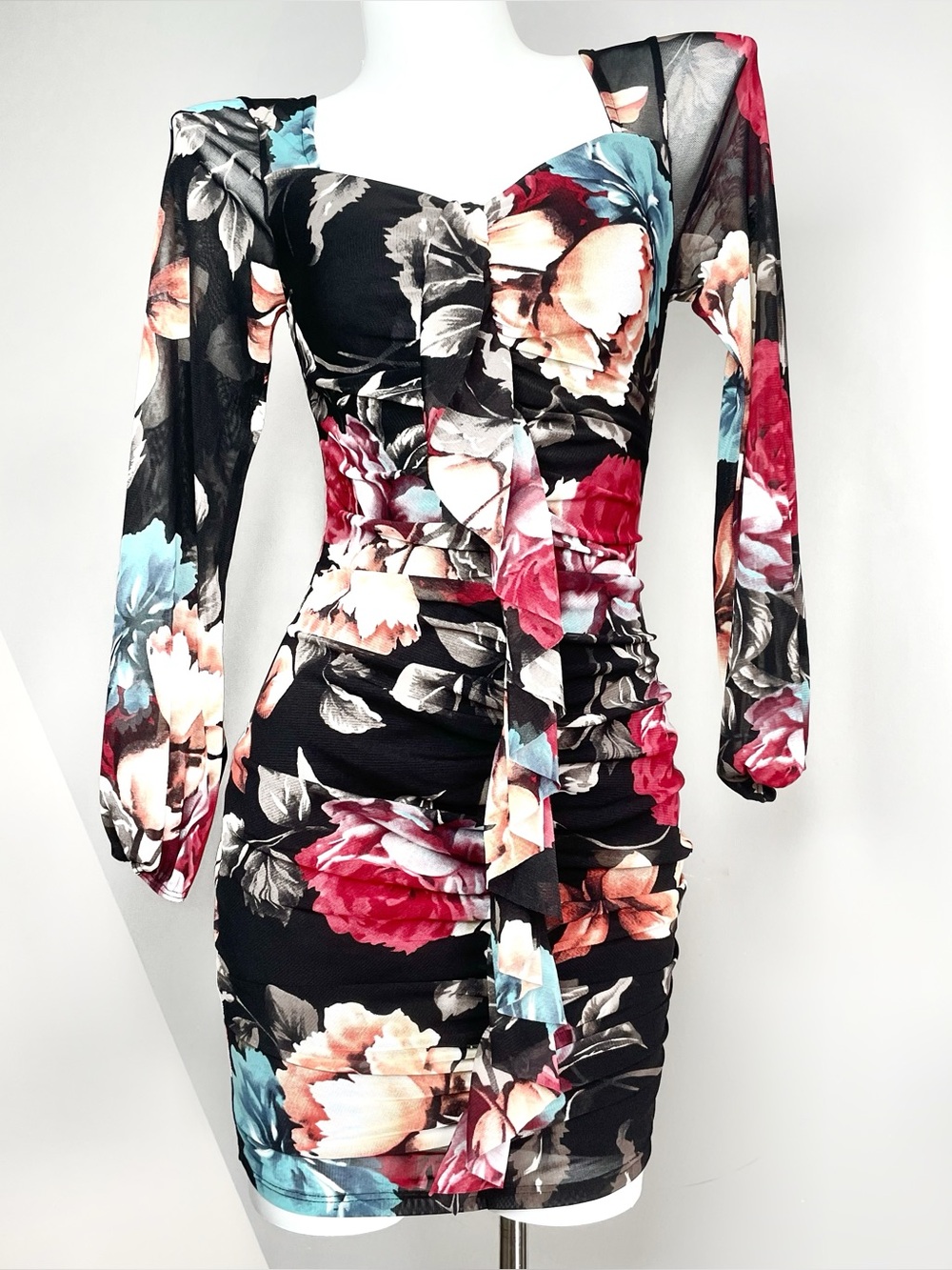 Black Floral Ruched Long-Sleeve Mini Dress